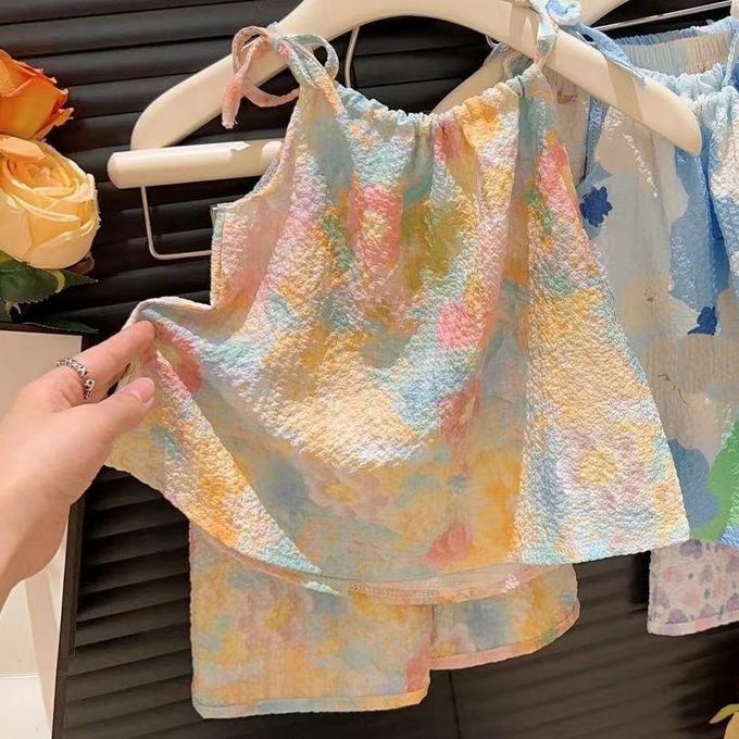 0-5-year-old girl's blurred floral oil painting style suspender set, two-piece set