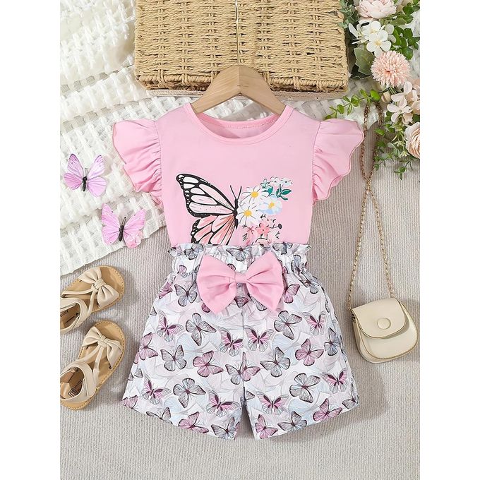 baby Short and sleeved T-shirt set,little girl's print shorts set pink sleeve
