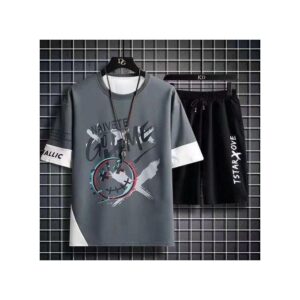 Dou-color Men's Fashion 2-in-1 Short Sleeve&Shorts Set - Grey