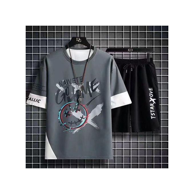 Dou-color Men's Fashion 2-in-1 Short Sleeve&Shorts Set - Grey