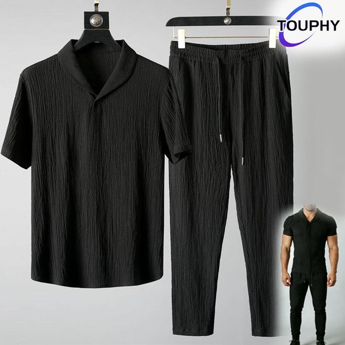 TOUPHY Men's T-Shirts Short-Sleeve And Pants Set – Comfortable Textured Fabric