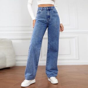 TOUPHY Women's High-Waisted Straight Leg Jeans, Stretch Casual Denim Pants, with Functional Pockets - Blue